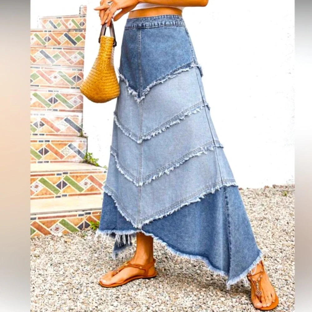 Denim Maxi Skirt with Frayed Hem